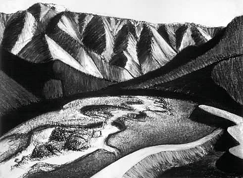 Charcoal drawing of Alaskan riverbed and mountains. Abstract landscape paintings.