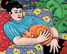 Abstract figure paintings, with cat, contemporary.