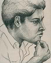 Graphite drawing of man on newsprint.