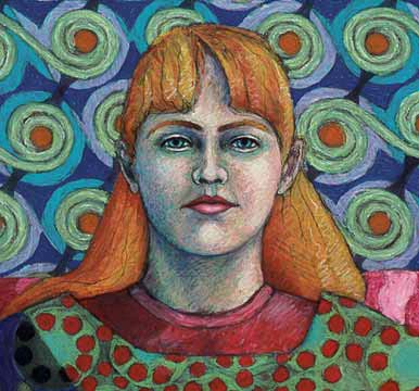 Portrait of blond girl in oil pastel. Realistic female portrait painting.