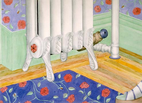 Still life painting with radiator and shoe. Still life painting, contemporary.