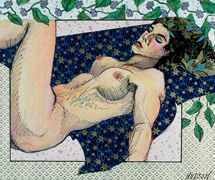 Playful figures, reclining nude with patterns. Whimsical female figure drawing