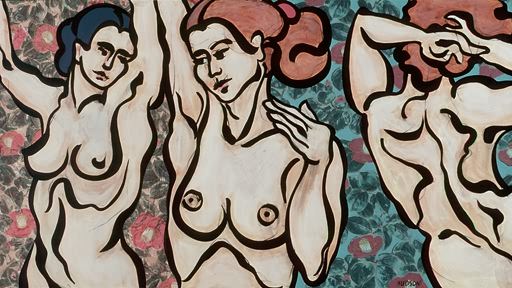 Playful figure paintings, three nude women. Whimsical figure painting.